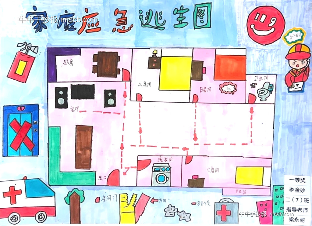 小学绘制消防家庭逃生地图手抄报一等奖获奖作品4张-第3张