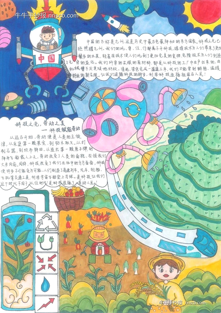 超漂亮的小学科技赋能劳动手抄报获奖作品欣赏5张-第4张