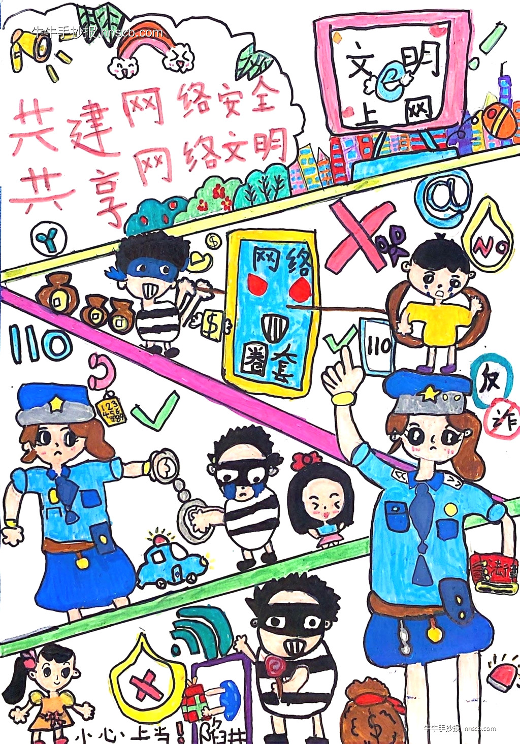 共建网络安全 | 幼儿网络安全绘画手抄报展4张-第2张
