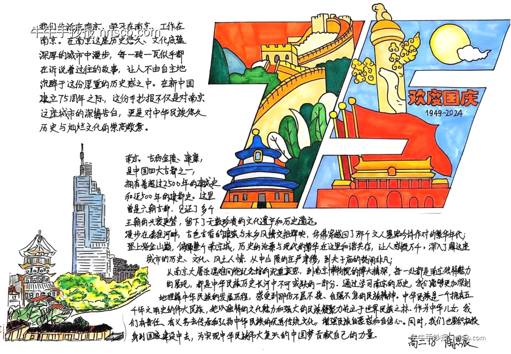 简单又漂亮的高二年级“爱我中华 盛世华诞”手抄报3张-第3张