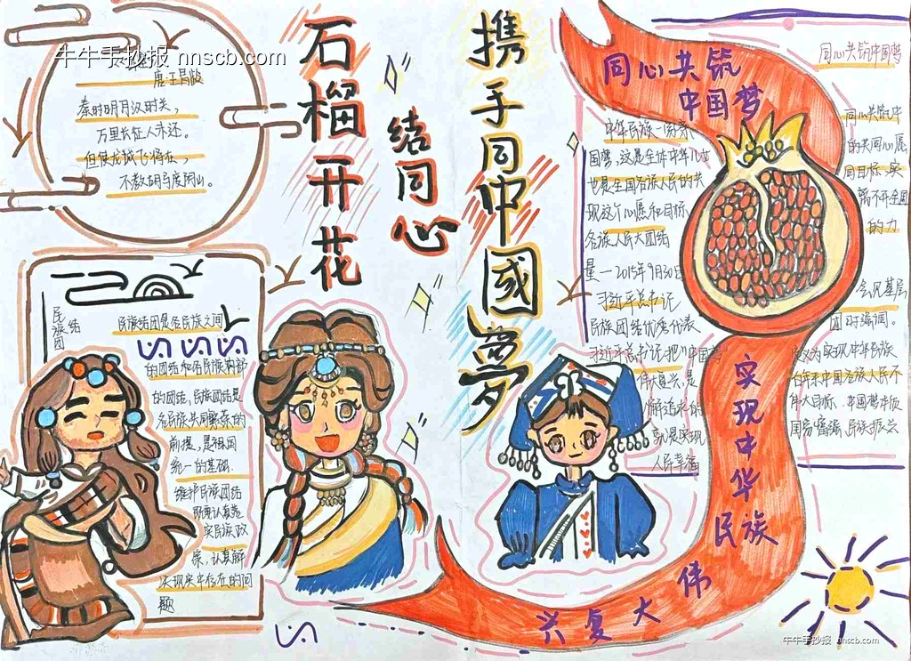 漂亮的中专“石榴花开结同心,携手共绘中国梦”手抄报5张-第2张