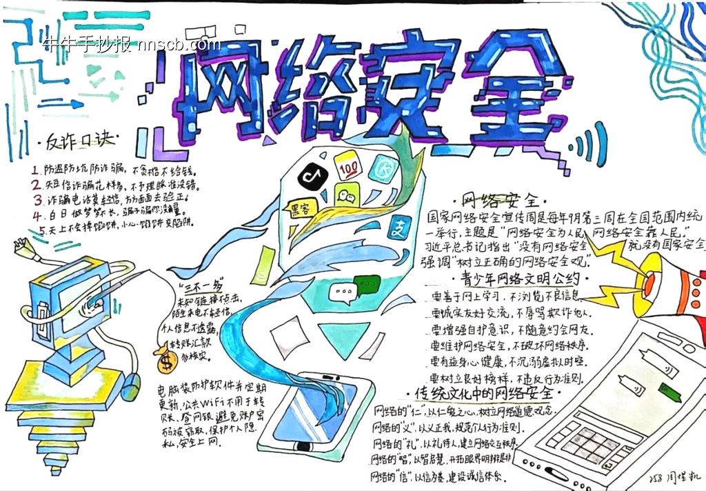 网络安全，预防诈骗主题手抄报-第3张