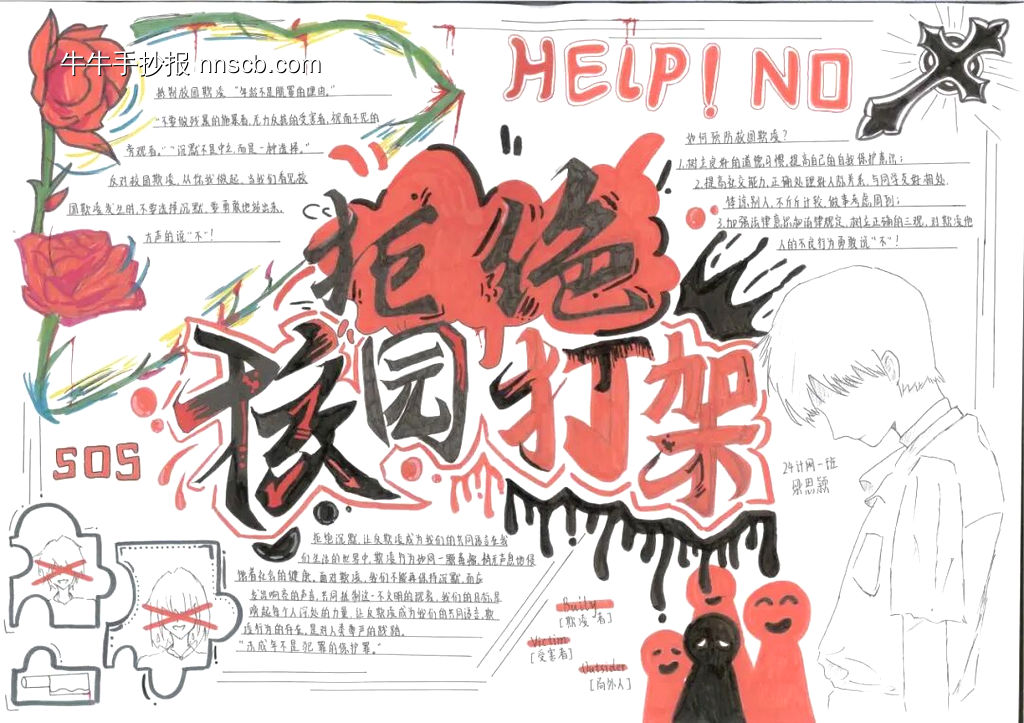 拒绝校园欺凌，拒绝校园打架主题手抄报-第1张