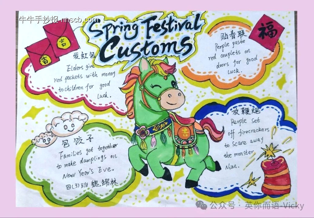 童心绘马年，英语手抄报-第2张