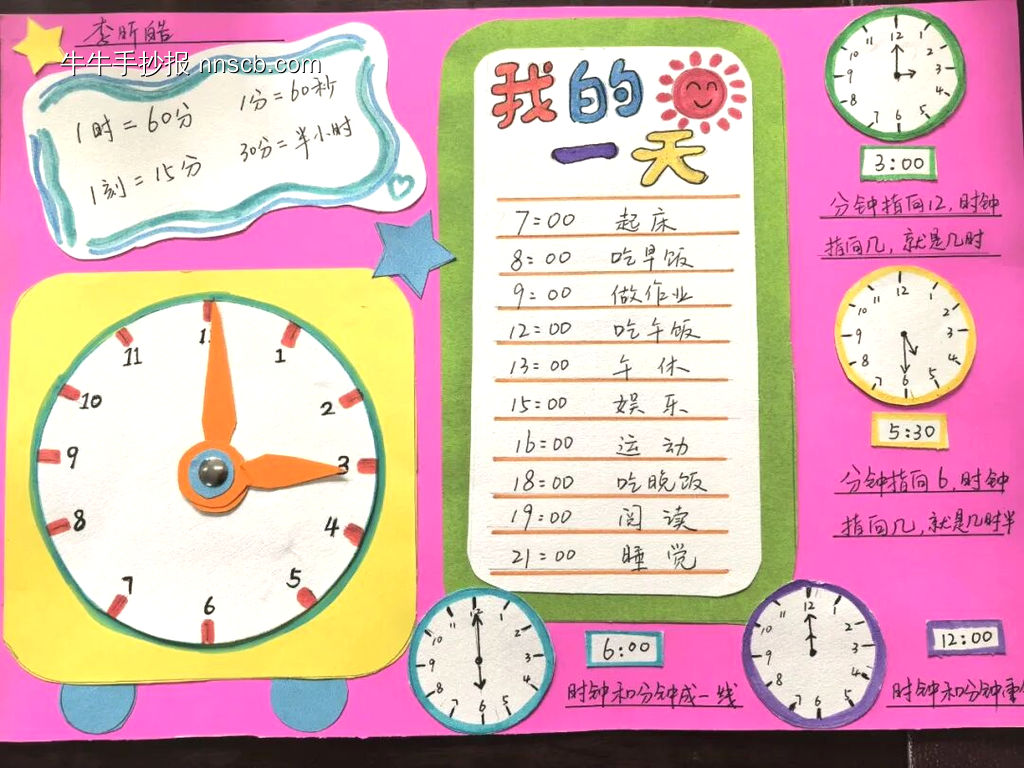 数学小报——认识钟表“我的一天主题手抄报”-第2张