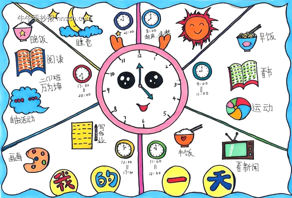 数学小报——认识钟表“我的一天主题手抄报”-第7张